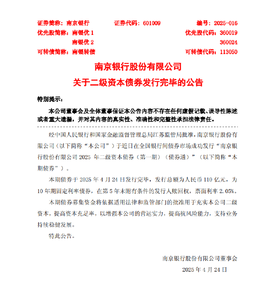 粤友钱配资 南京银行：110亿元二级资本债券发行完毕